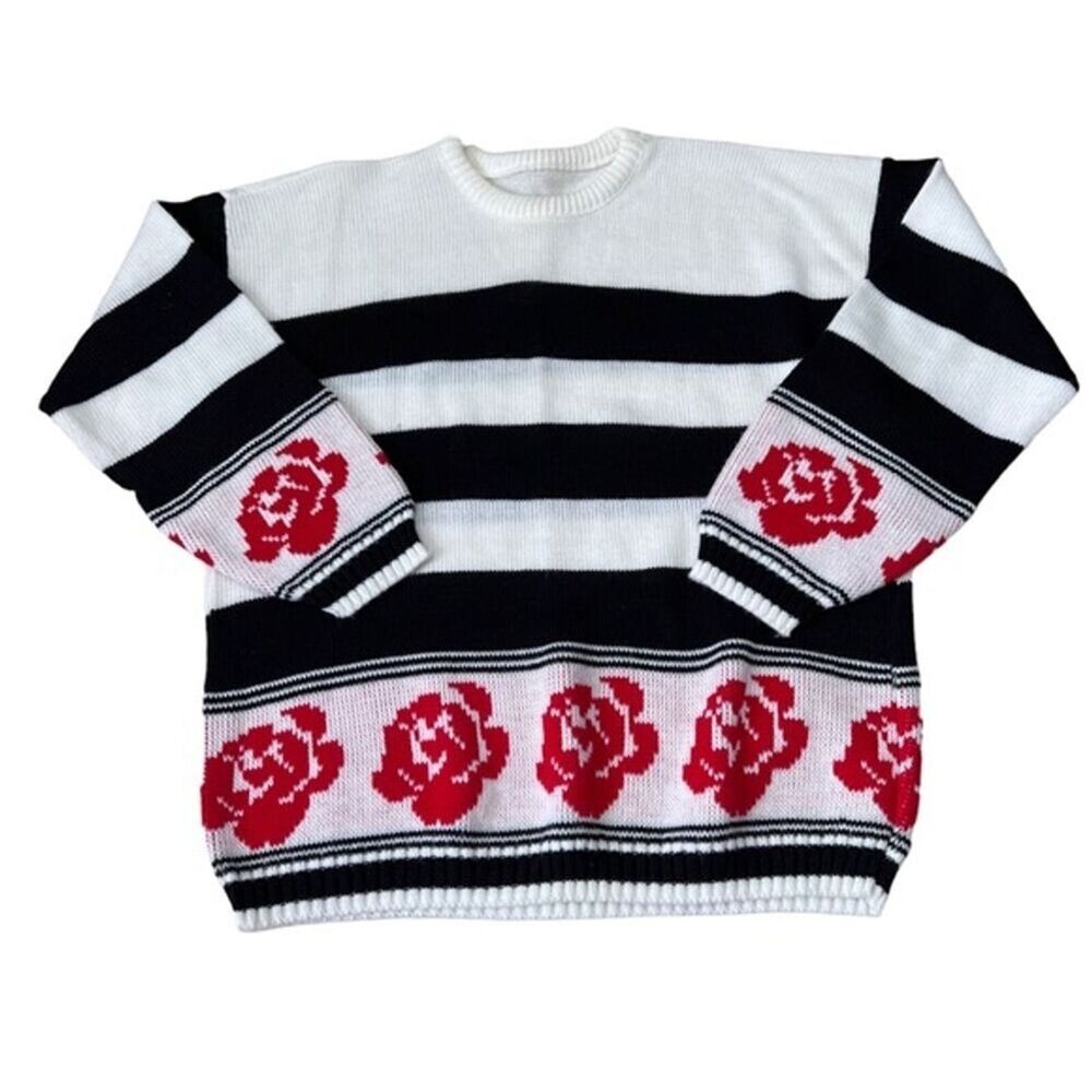 Vintage Sweater Black and White Striped Knit Floral Flower Knit Crewneck Sweater